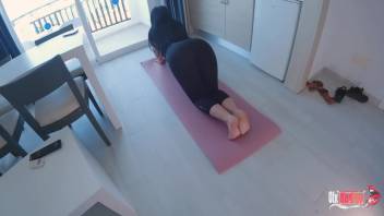 He took out his dick and began to masturbate on Stepmom's ass while the stepmom was doing yoga. Got a blowjob and cum in her mouth